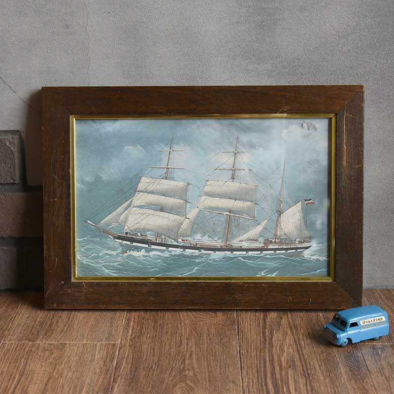帆船のアンティーク絵画-